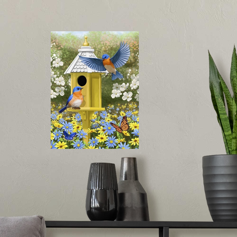 A modern room featuring Bluebirds at a yellow birdhouse.