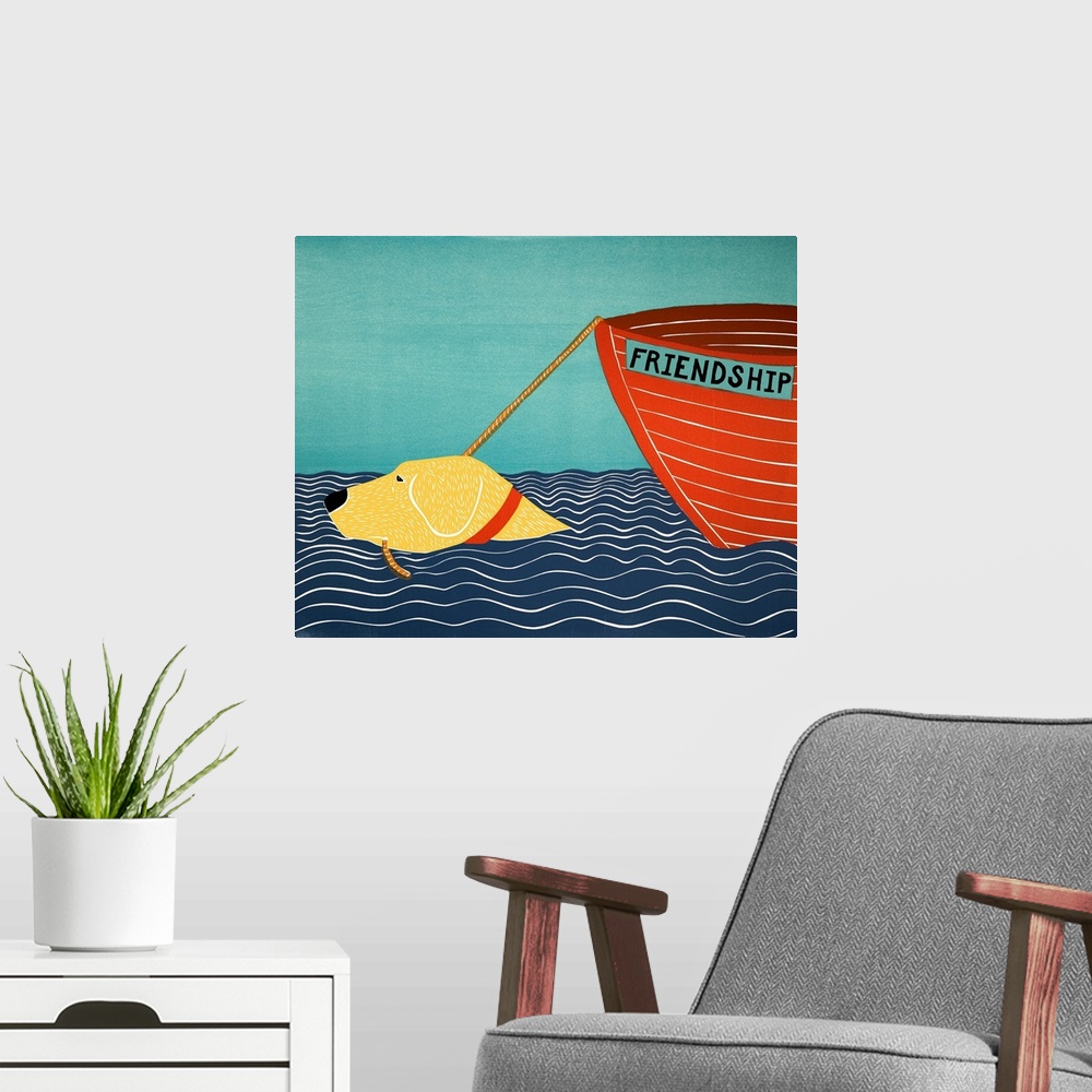 A modern room featuring Illustration of a yellow lab swimming the the ocean pulling a red boat called "Friendship" behind...