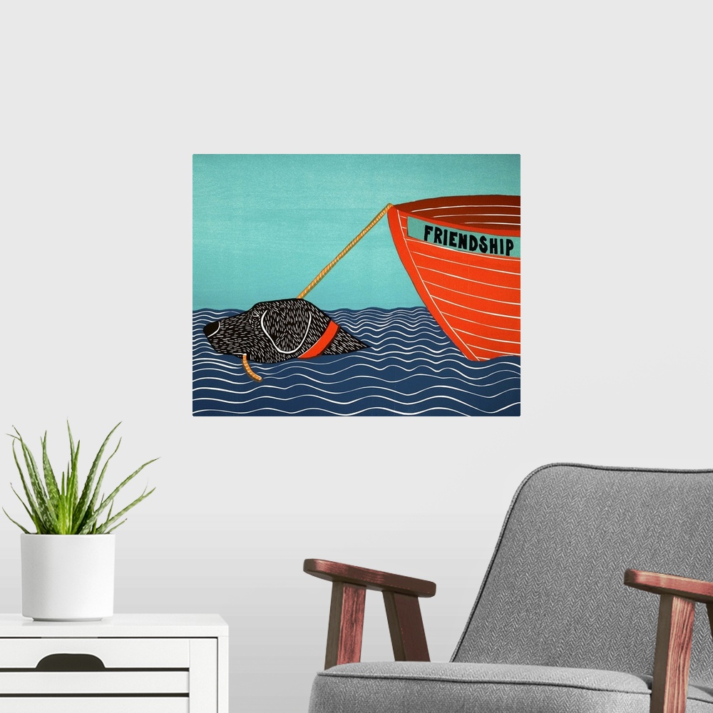 A modern room featuring Illustration of a black lab in the ocean pulling a bot behind him with the name "Friendship"