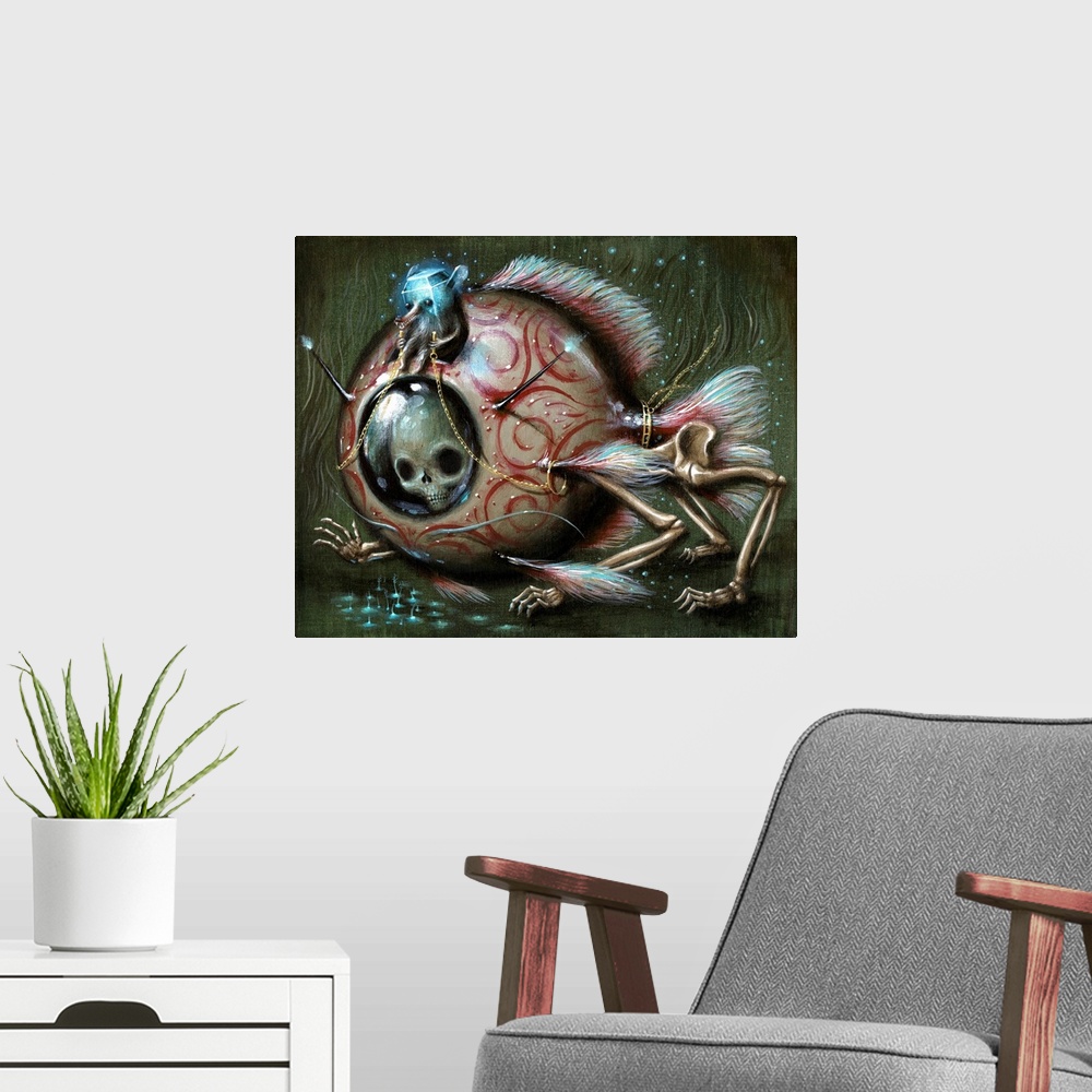 A modern room featuring Surrealist painting of a creature with a glass cube-like head sitting atop a skeleton wearing a f...