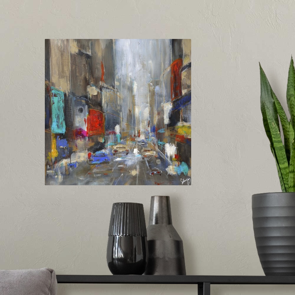 A modern room featuring Contemporary painting of a busy street full of traffic.