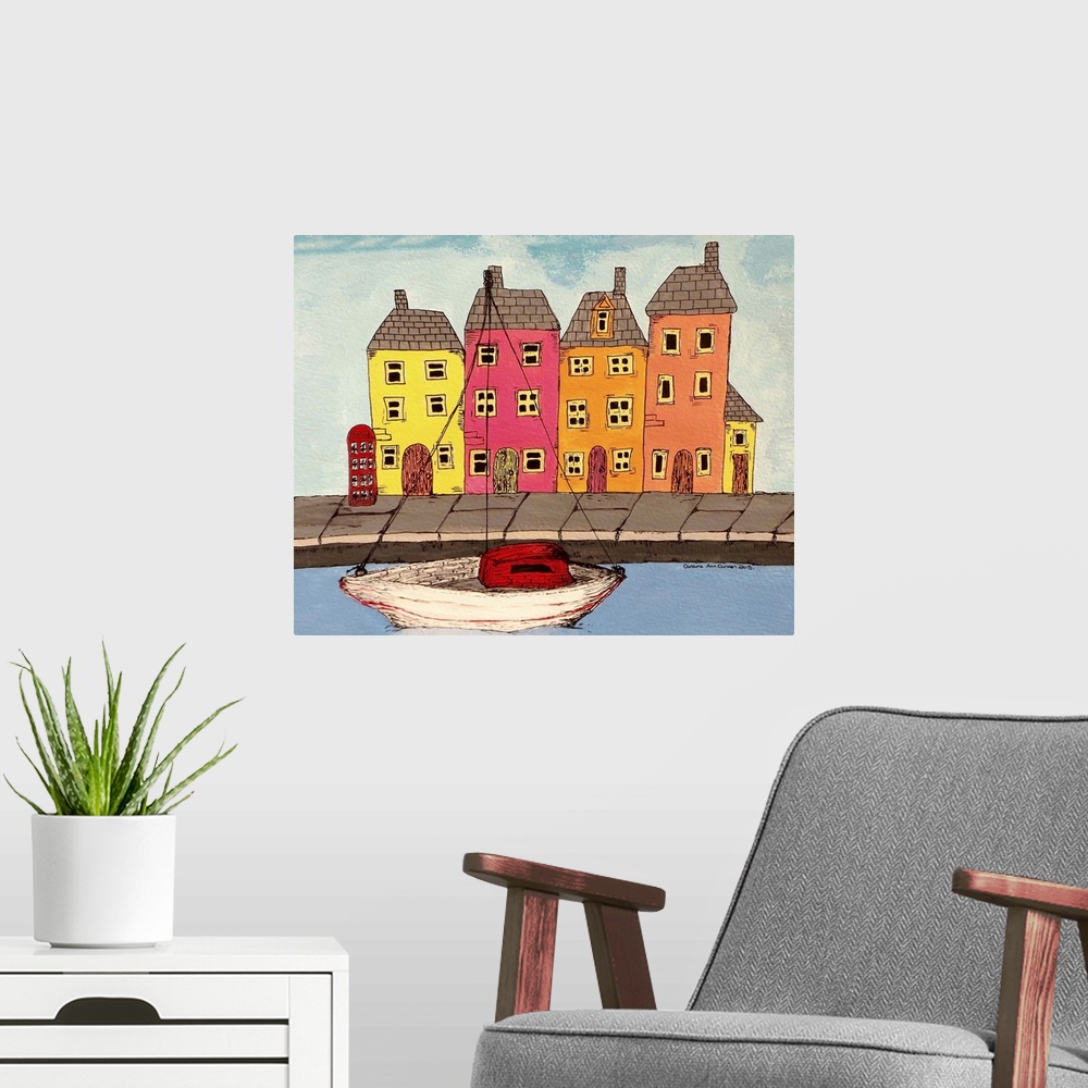 A modern room featuring Contemporary painting of colorful houses alongside a canal, with a boat.