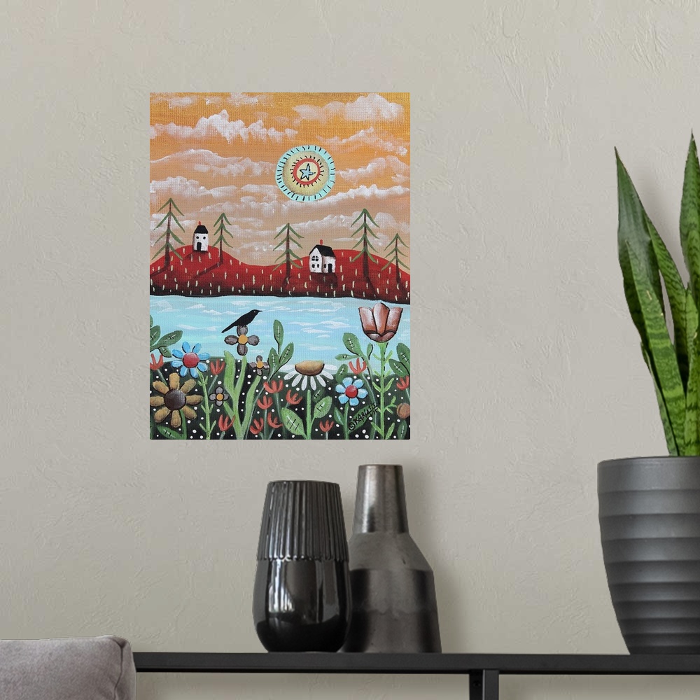 A modern room featuring Contemporary folk art painting of a house on a countryside landscape.