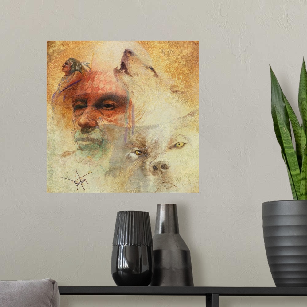 A modern room featuring A contemporary painting of a Native American man portrait next to an image of a wolf.
