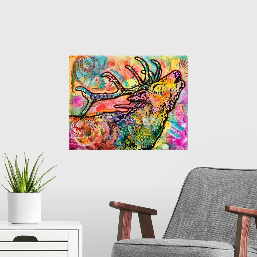 A modern room featuring Colorful painting of an elk with its chin up calling in the wind with abstract designs all over.