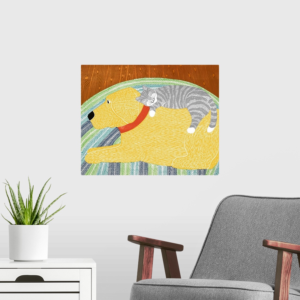 A modern room featuring Illustration of a gray and white cat sleeping on top of a yellow lab and dreaming about the dog, ...