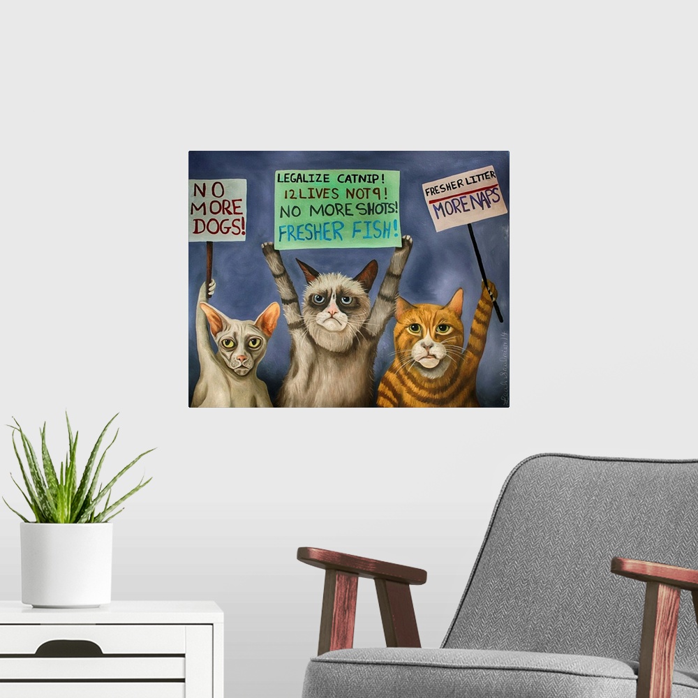 A modern room featuring Surrealist painting of a group of cats protesting.