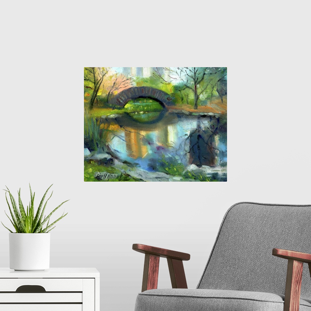 A modern room featuring Contemporary painting of an idyllic park scene.
