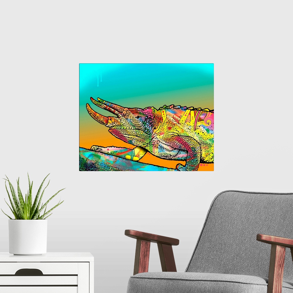 A modern room featuring Colorful illustration of a chameleon walking up a branch on a blue and orange background.