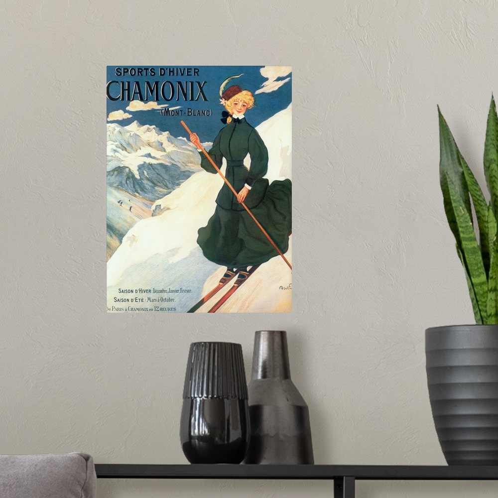 A modern room featuring Vintage poster advertisement for Chamonix Mont Blanc.