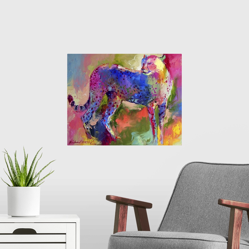 A modern room featuring Contemporary vibrant colorful painting of a cheetah.