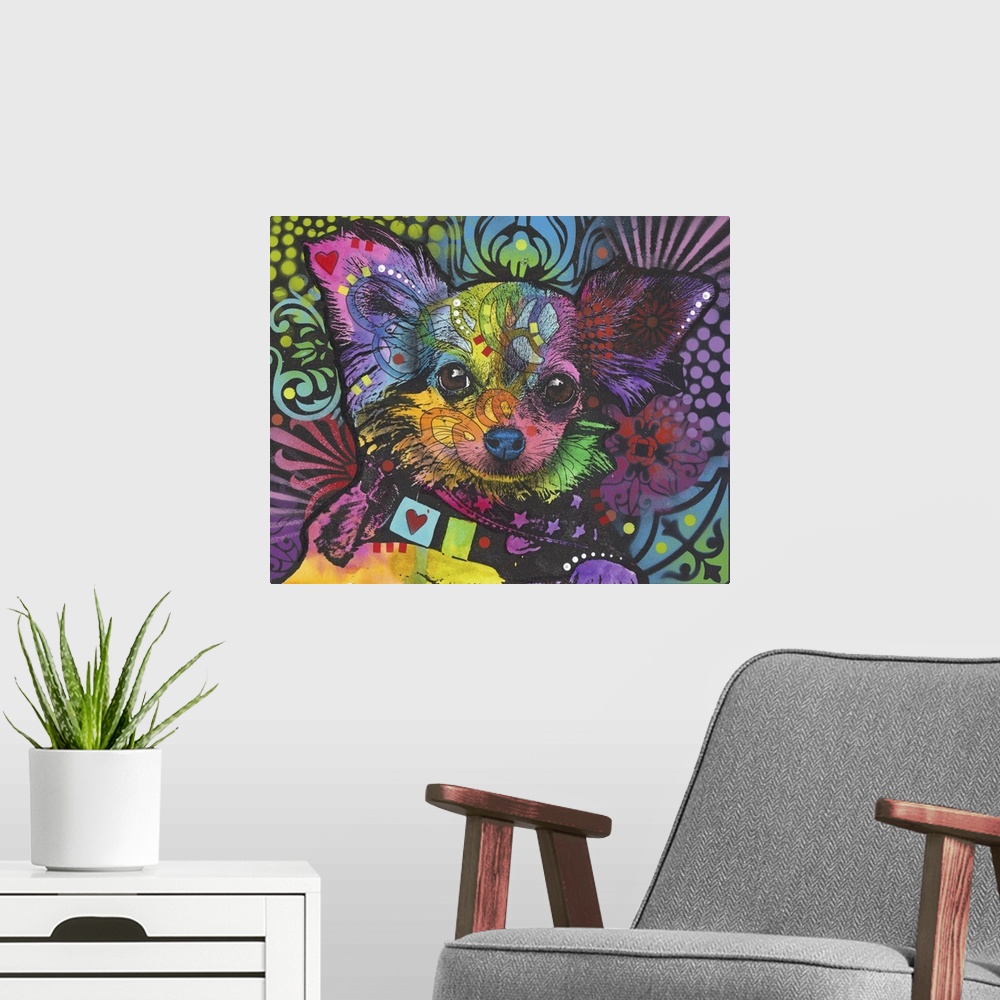 A modern room featuring Pop art style painting of a small dog with large ears in various colors.