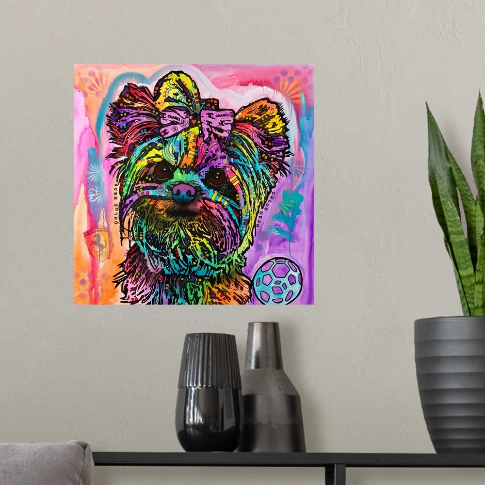 A modern room featuring Colorful painting of a Silky Terrier puppy wearing a Chanel bow on a vibrant background.
