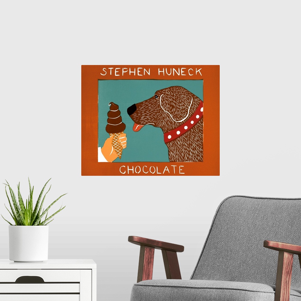 A modern room featuring Illustration of a chocolate lab about to lick a chocolate ice cream cone with the word "Chocolate...