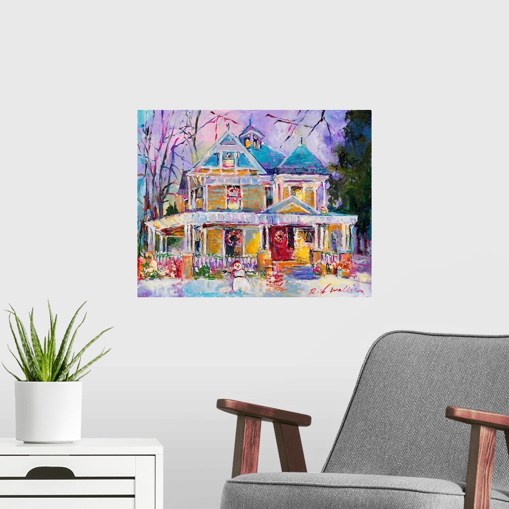 A modern room featuring Colorful abstract painting of a snow covered house decorated for Christmas with a snowman in the ...