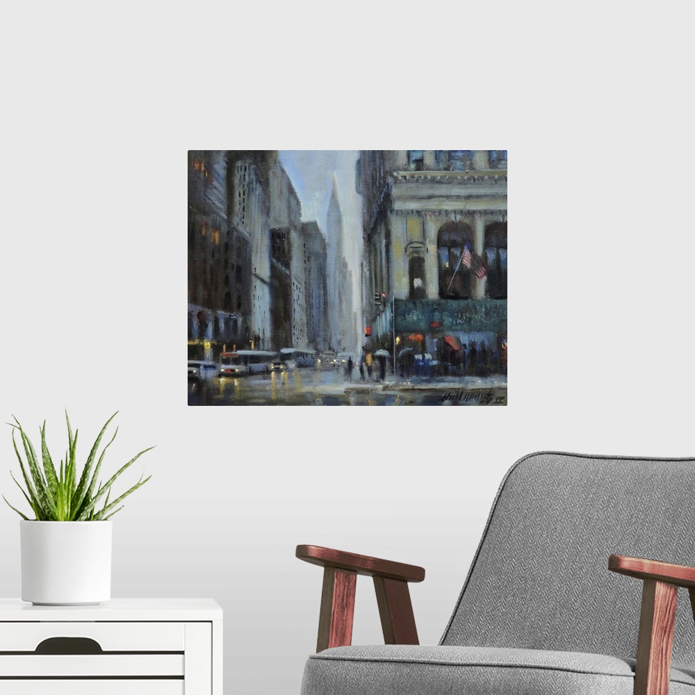 A modern room featuring Contemporary painting of a bustling Manhattan street, with the Chrysler building in the distance.