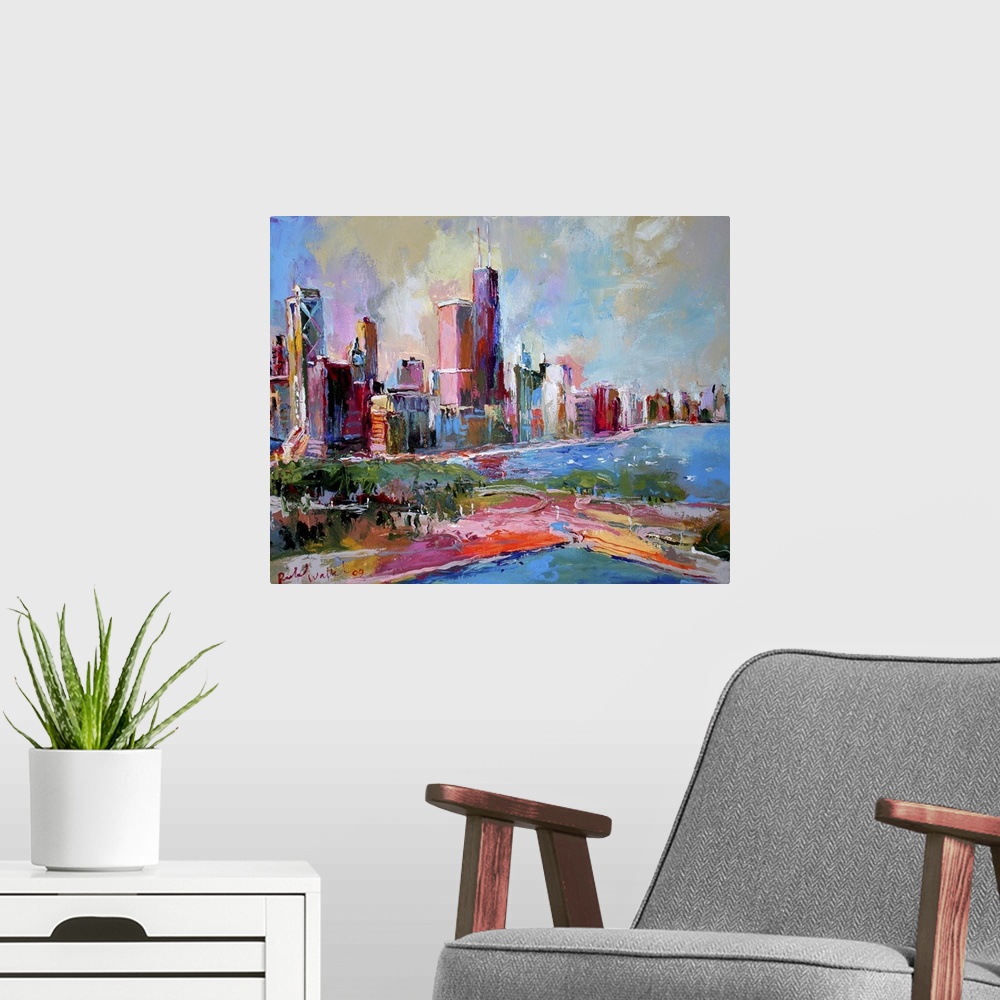 A modern room featuring Contemporary colorful painting of an urban skyline.