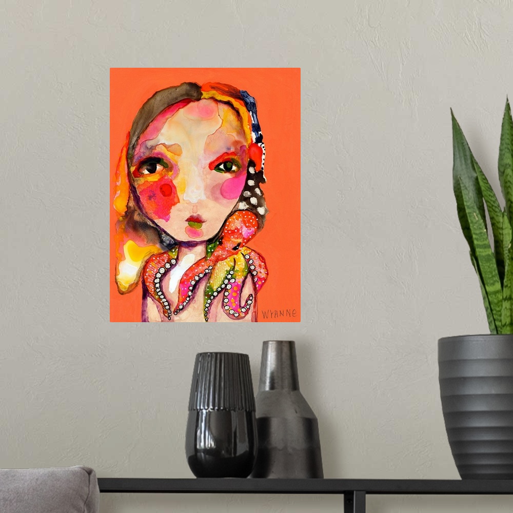 A modern room featuring A girl with a small octopus wrapped around her shoulders.