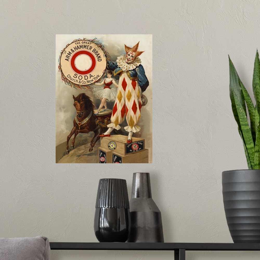 A modern room featuring Clown, Horse, Acrobat and Arm and Hammer Brand Soda