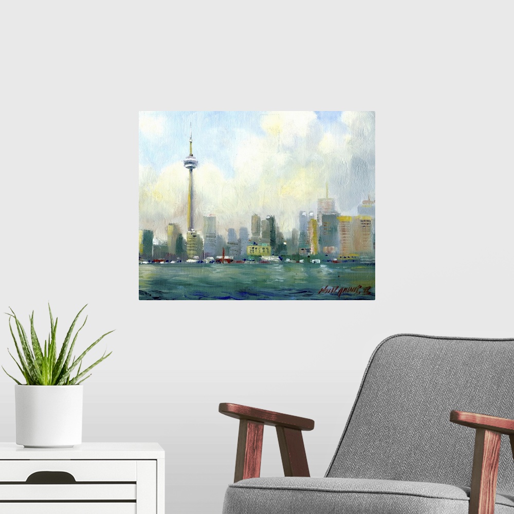A modern room featuring Contemporary painting of a skyline view of Toronto, Canada.