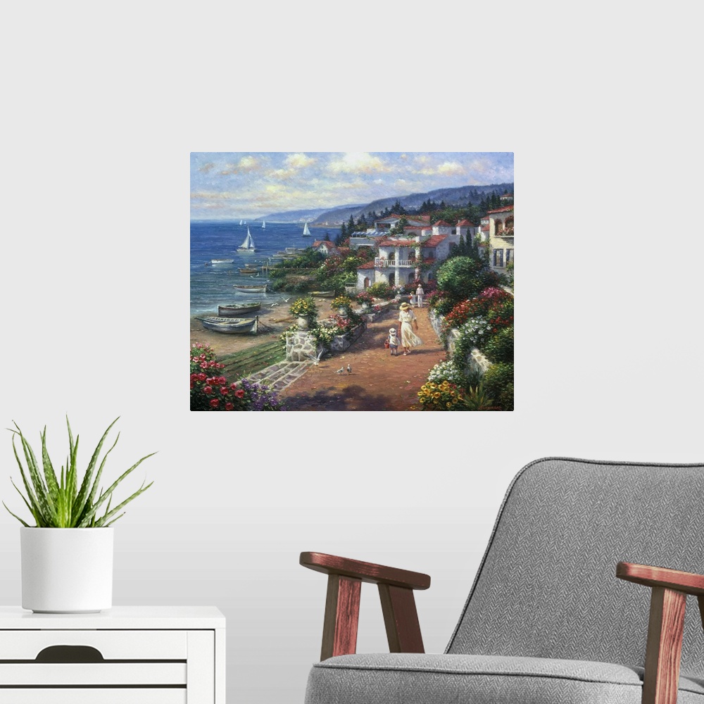A modern room featuring Contemporary painting of an idyllic coastal European village.
