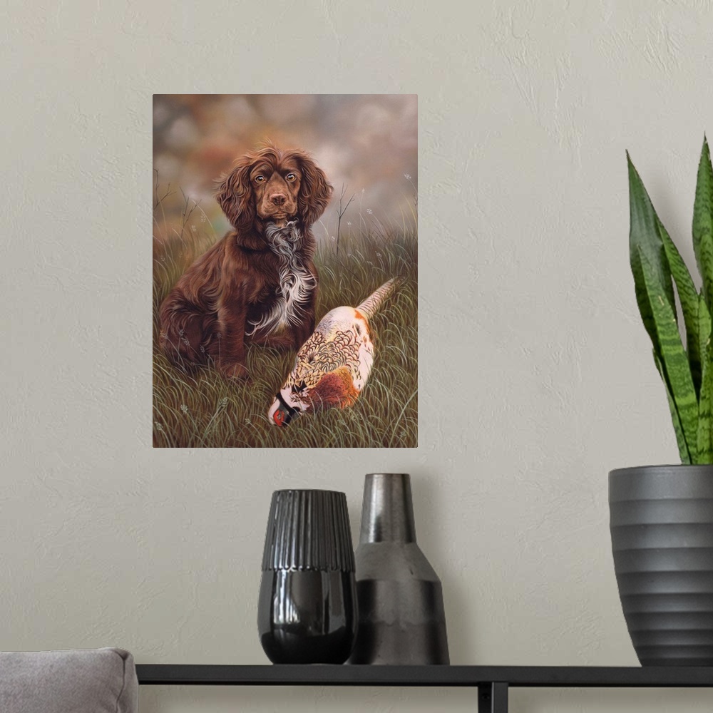 A modern room featuring Contemporary painting of a cocker spaniel and a pheasant.