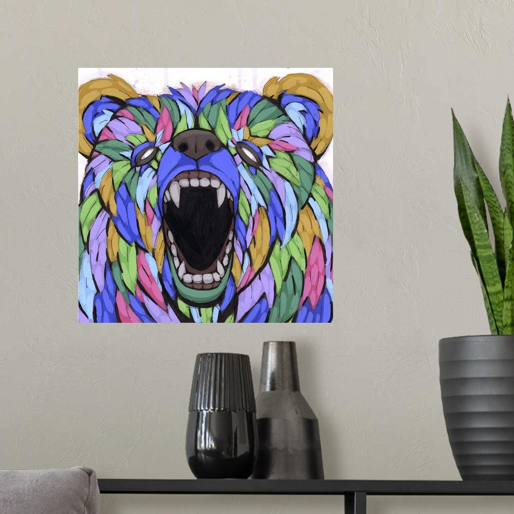 A modern room featuring Pop art painting of a growling bear, appearing to be made of leaves.