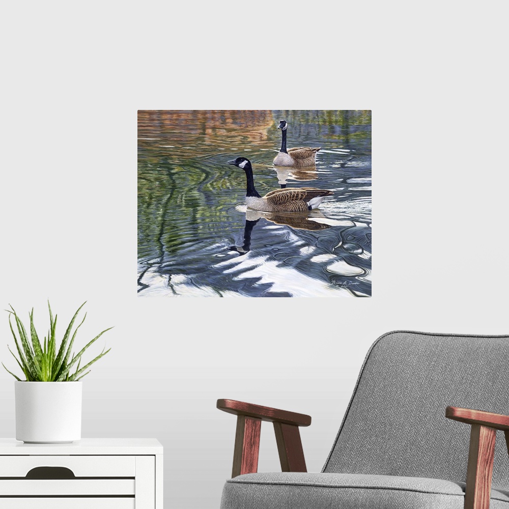 A modern room featuring Contemporary artwork of two geese swimming in a pond.
