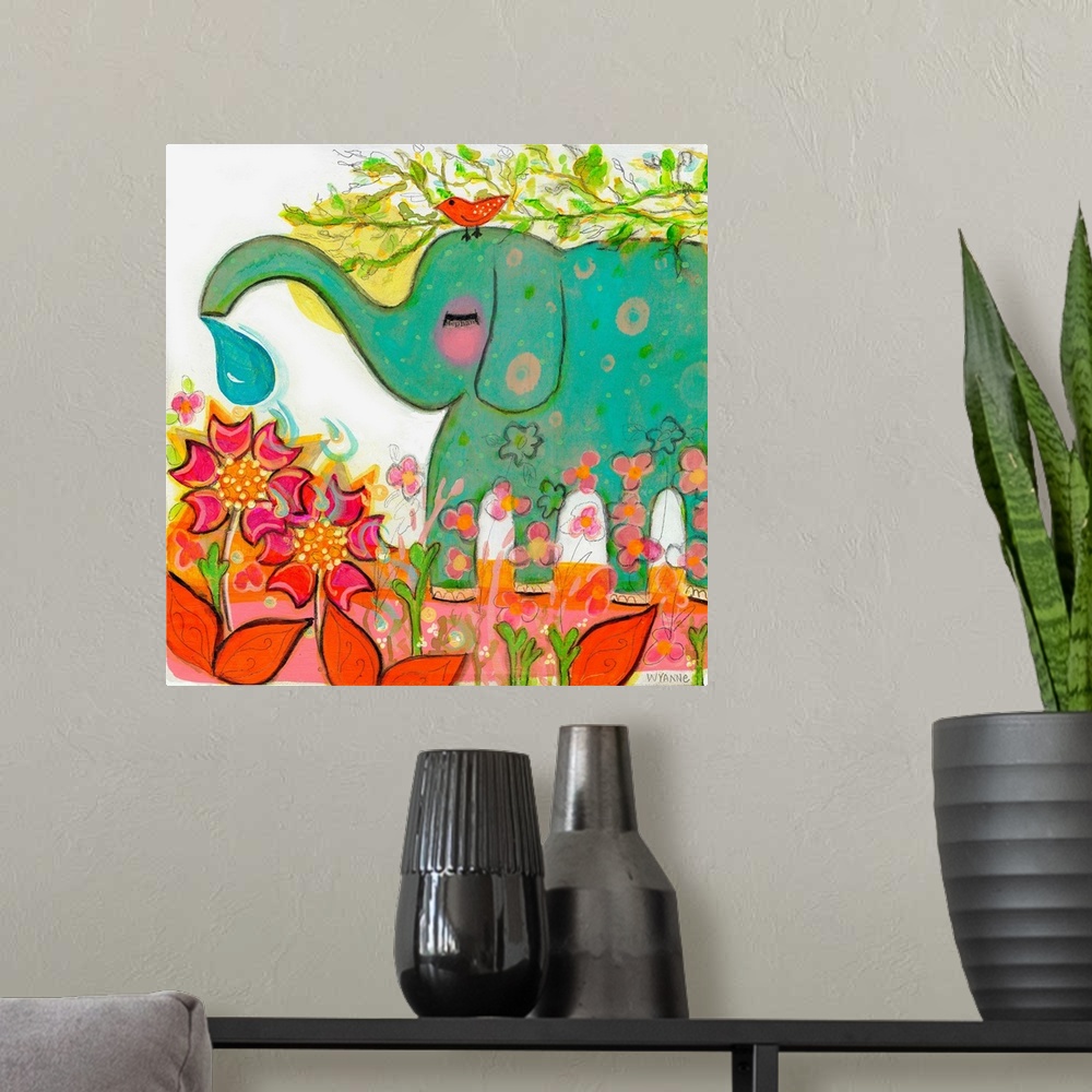 A modern room featuring A green elephant watering a garden, with a small bird on its head.