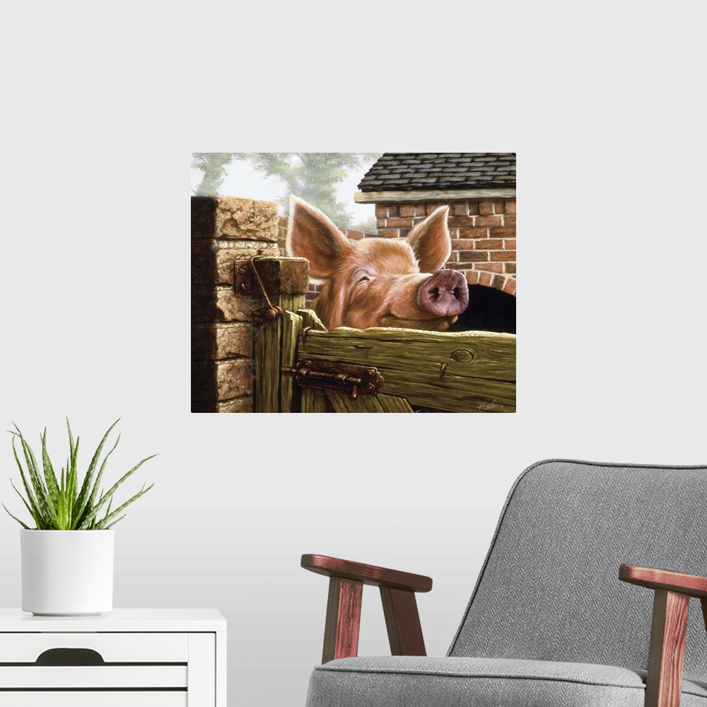 A modern room featuring Contemporary painting of a pig with a large snout and ears looking over the gate to a fence.