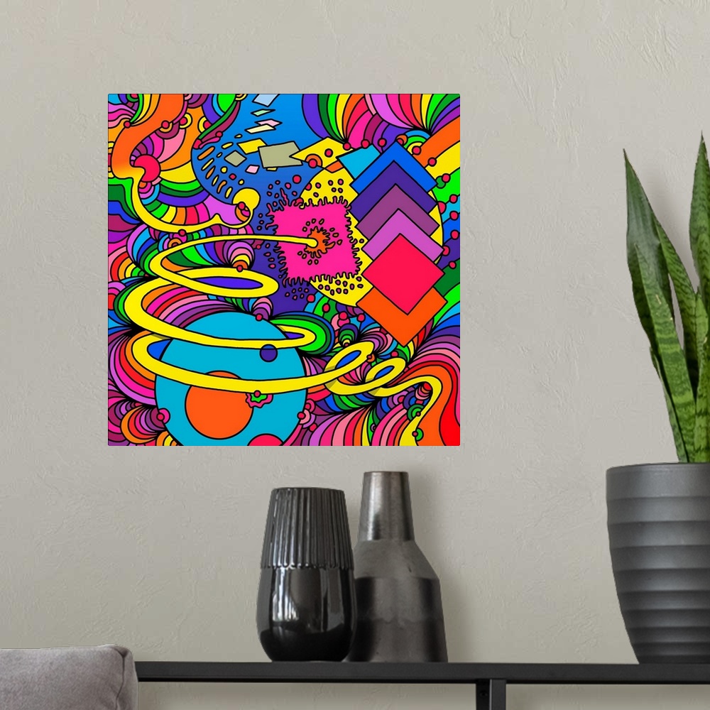 A modern room featuring Contemporary artwork of a collection of colorful shapes and images.