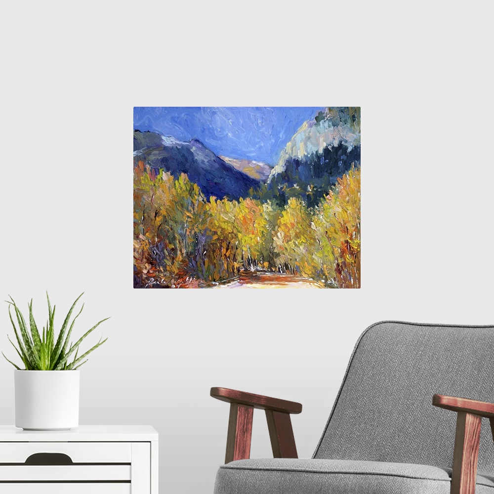A modern room featuring Painting of an idyllic wilderness scene in autumn foliage.