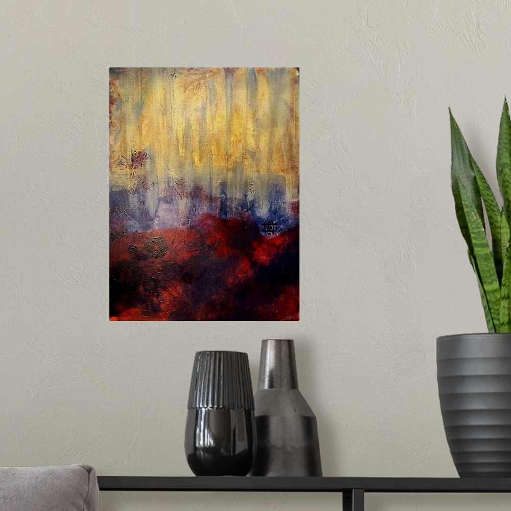 A modern room featuring Contemporary abstract artwork using dark colors.
