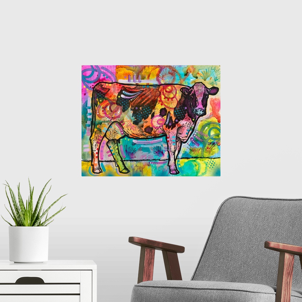 A modern room featuring Colorful painting of a cow looking straight at you with abstract designs all over.