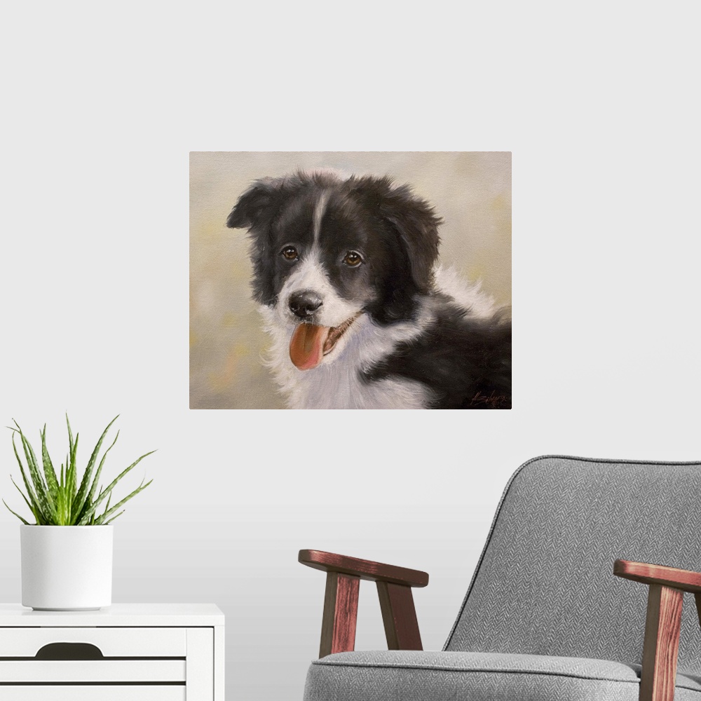 A modern room featuring Contemporary painting of a border collie puppy.