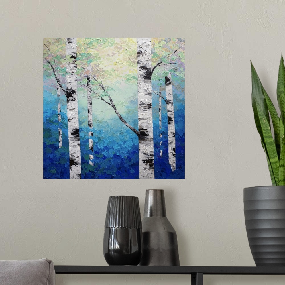 A modern room featuring Ethereal blue forest landscape painting of aspen trees and birch trees in sunlight Giclee art pri...