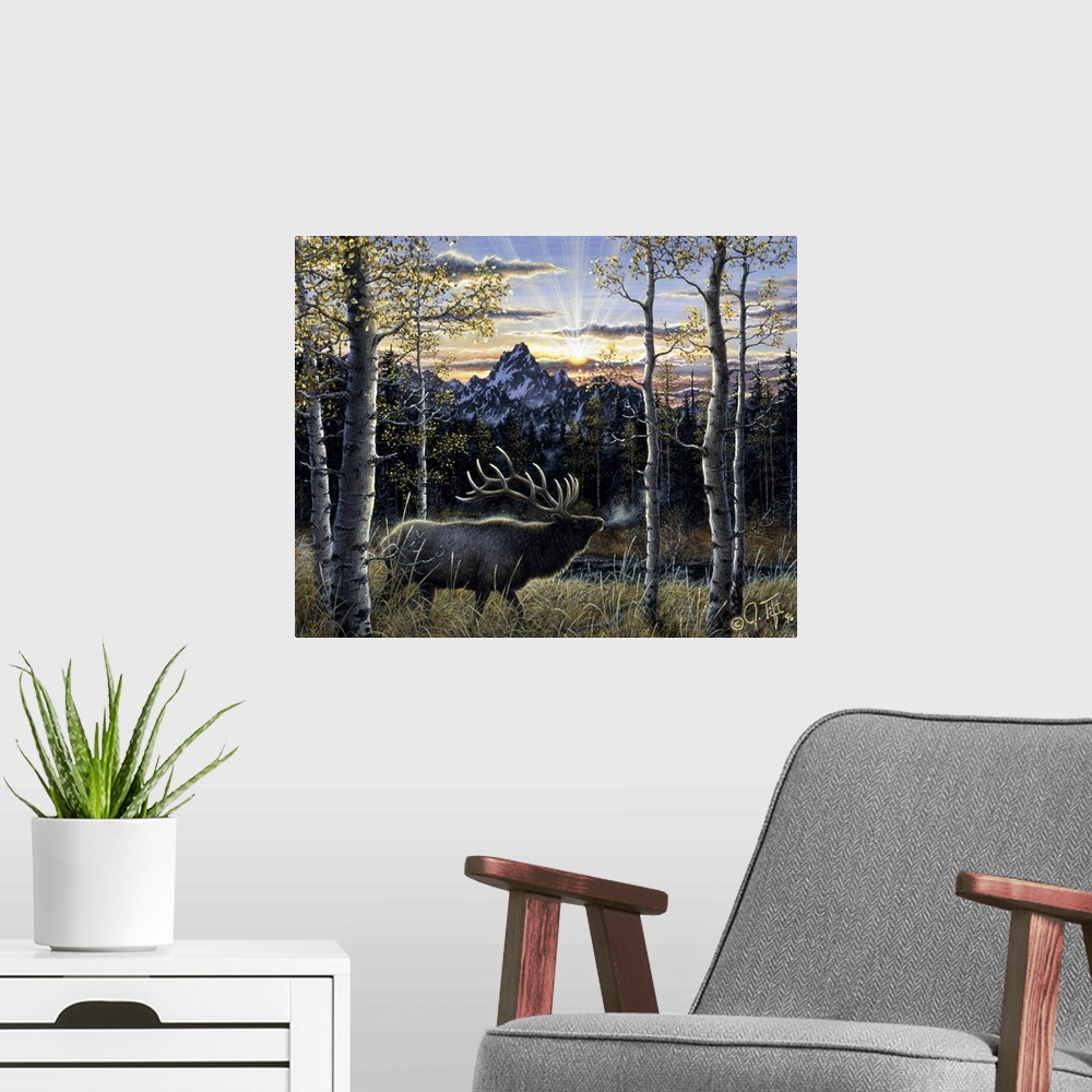 A modern room featuring an elk standing in the birches mountain in background