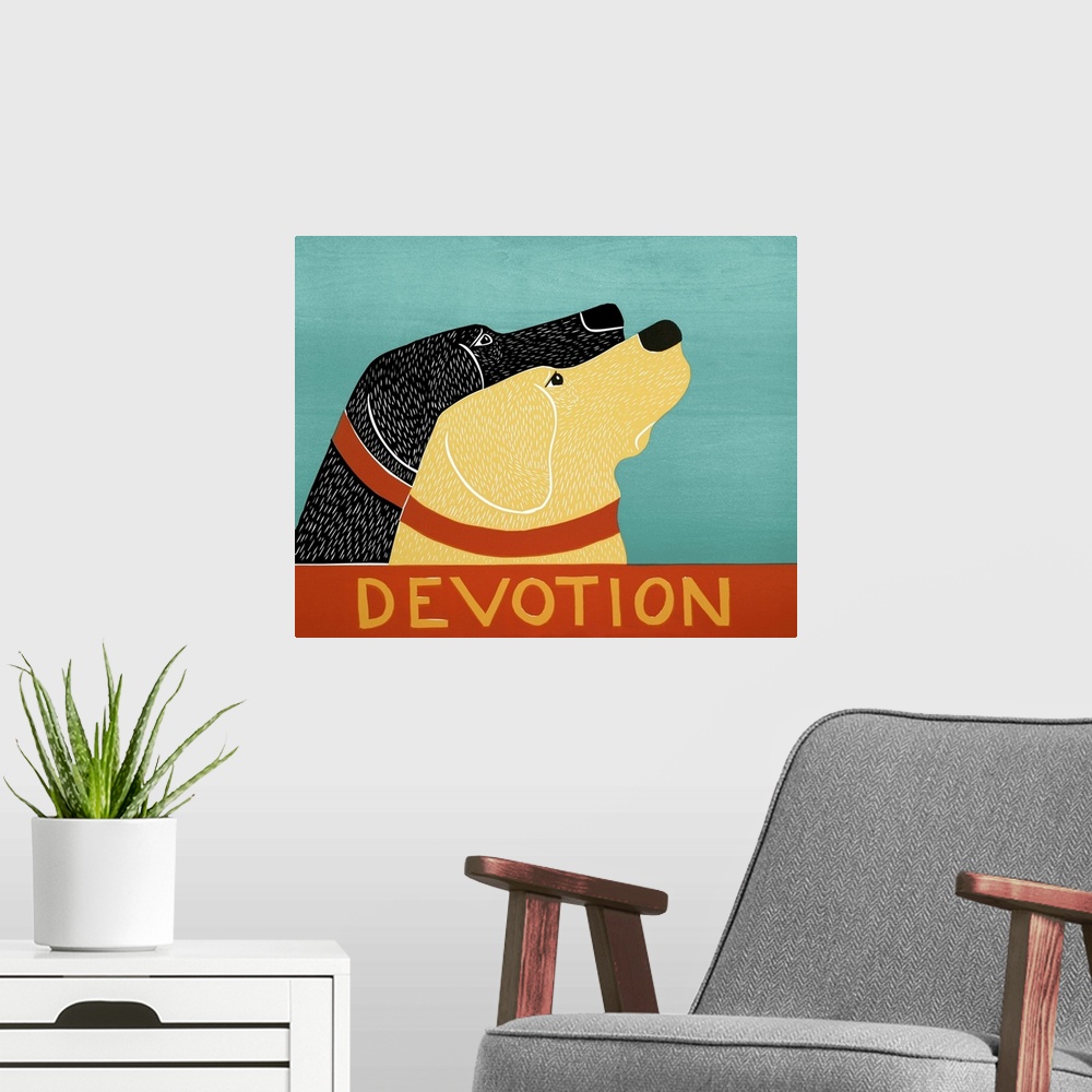 A modern room featuring Illustration of a yellow and black lab starring at the same thing with the word "Devotion" writte...