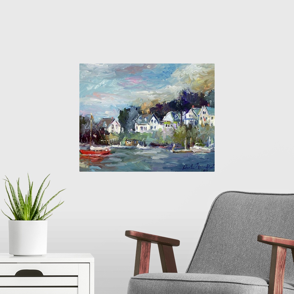 A modern room featuring Contemporary painting of a small coastal town harbor.
