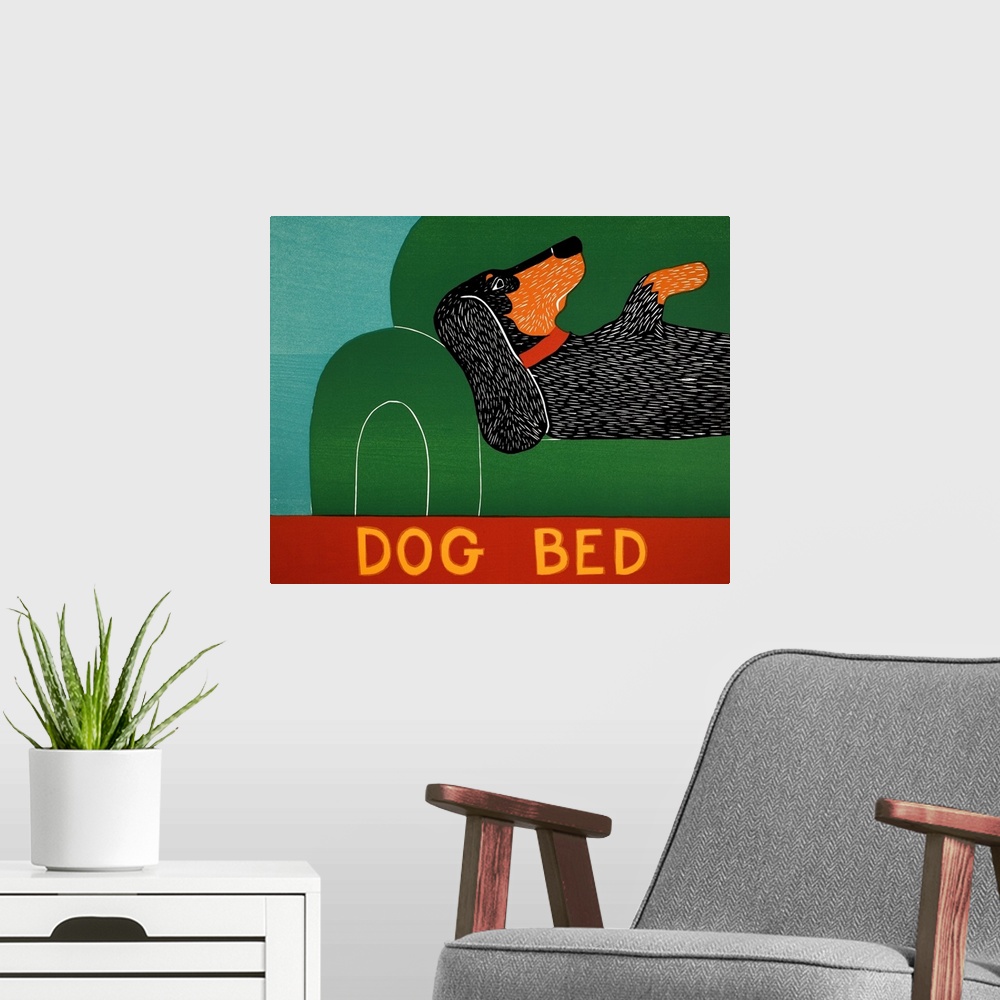 A modern room featuring Illustration of a Dachshund laying on a green couch with "Dog Bed" written at the bottom.