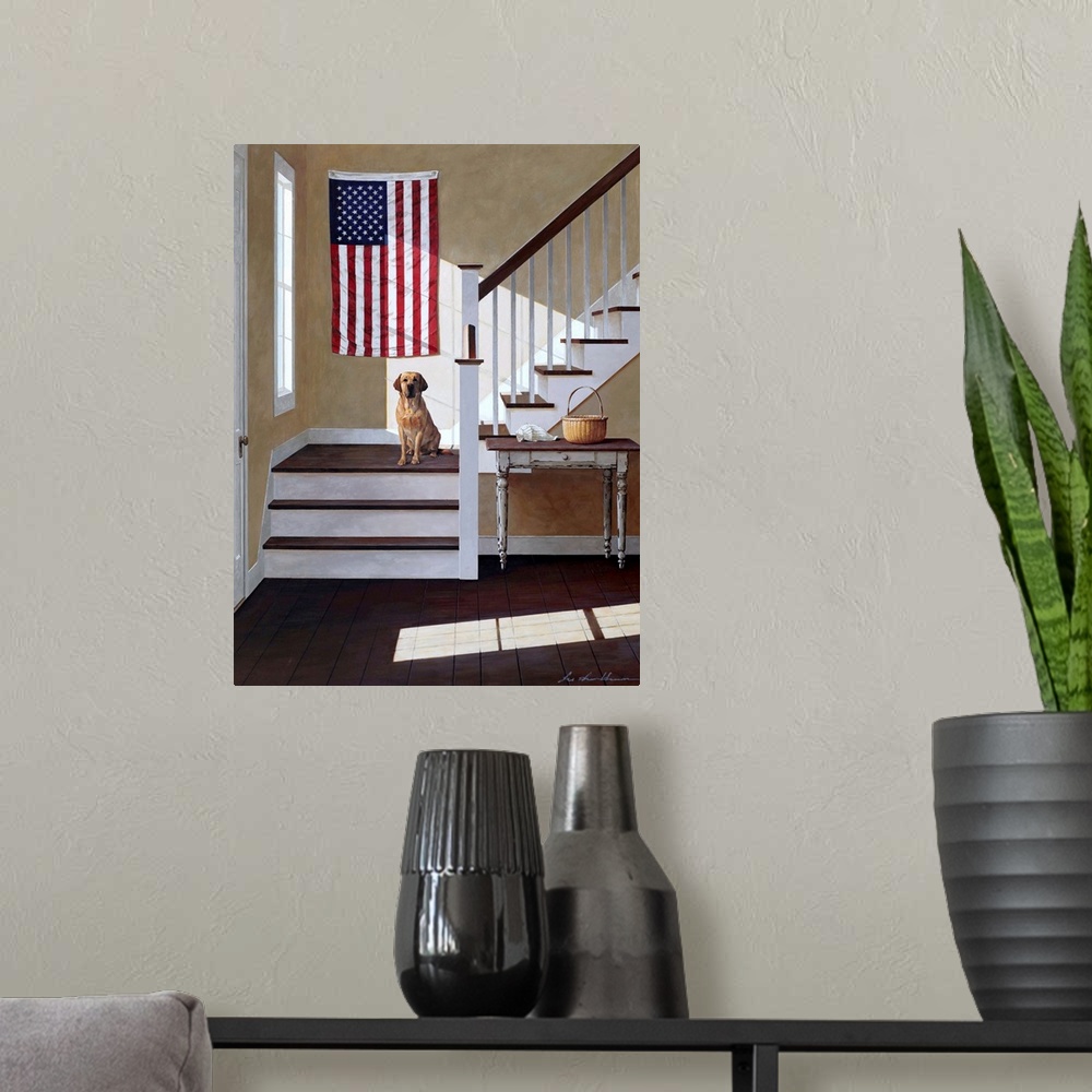 A modern room featuring Dog On Stairs
