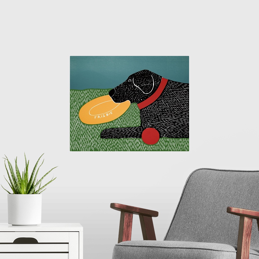 A modern room featuring Illustration of a black lab holding a yellow frisbee in its mouth while laying next to a red ball.