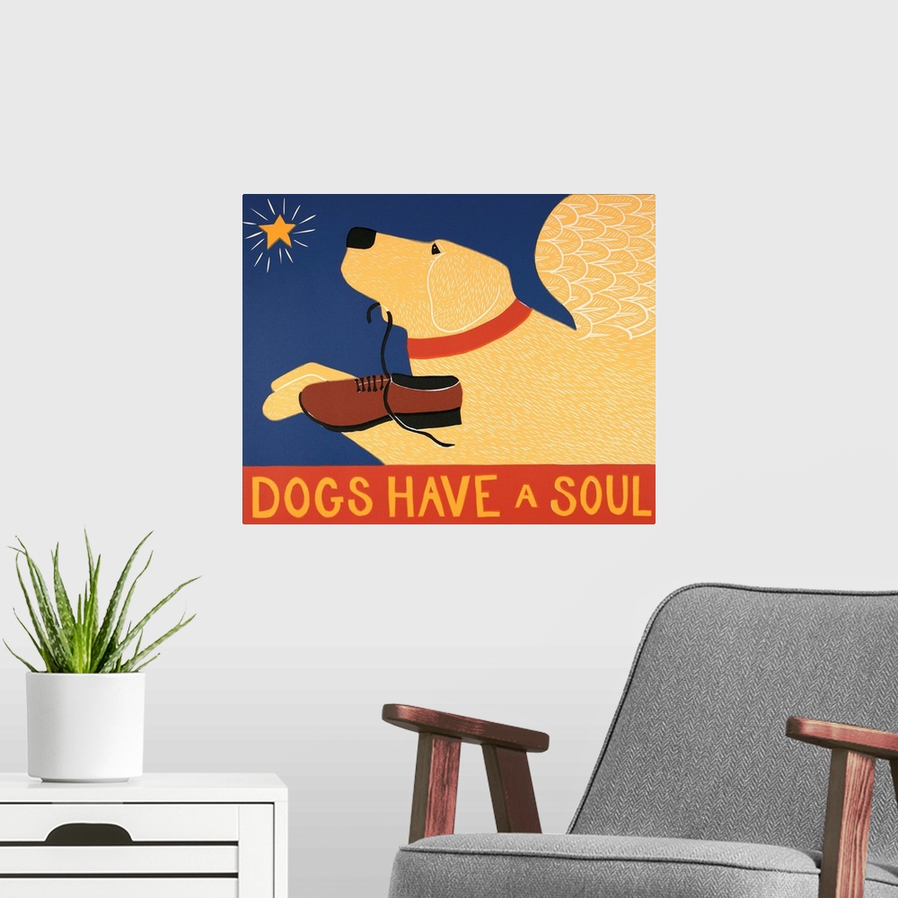 A modern room featuring Illustration of a yellow lab with angel wings flying towards a star and carrying a loafer in its ...