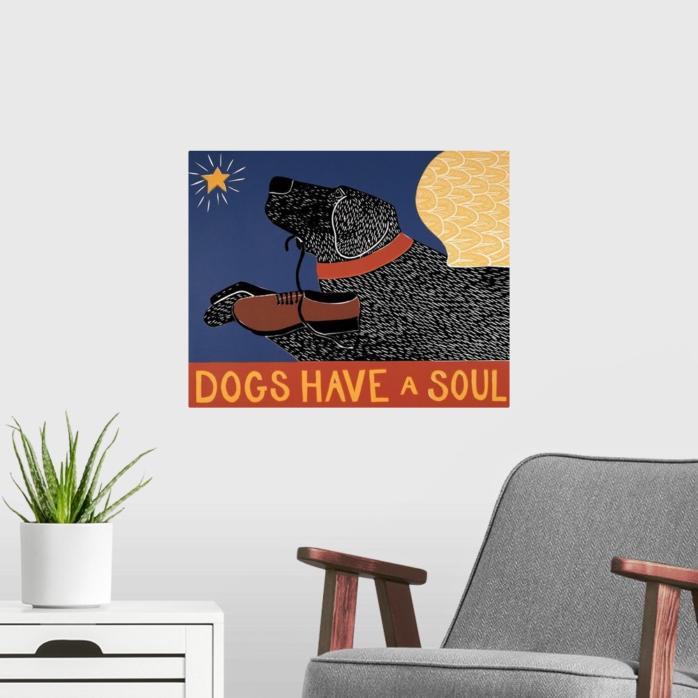 A modern room featuring Illustration of a black lab with angel wings flying towards a star and carrying a loafer in its m...