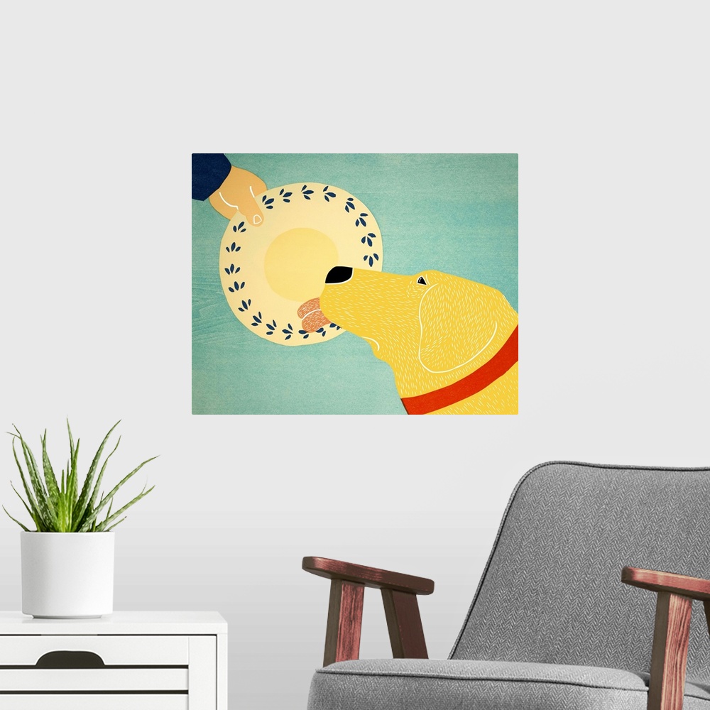 A modern room featuring Illustration of a yellow lab licking a dinner plate clean.