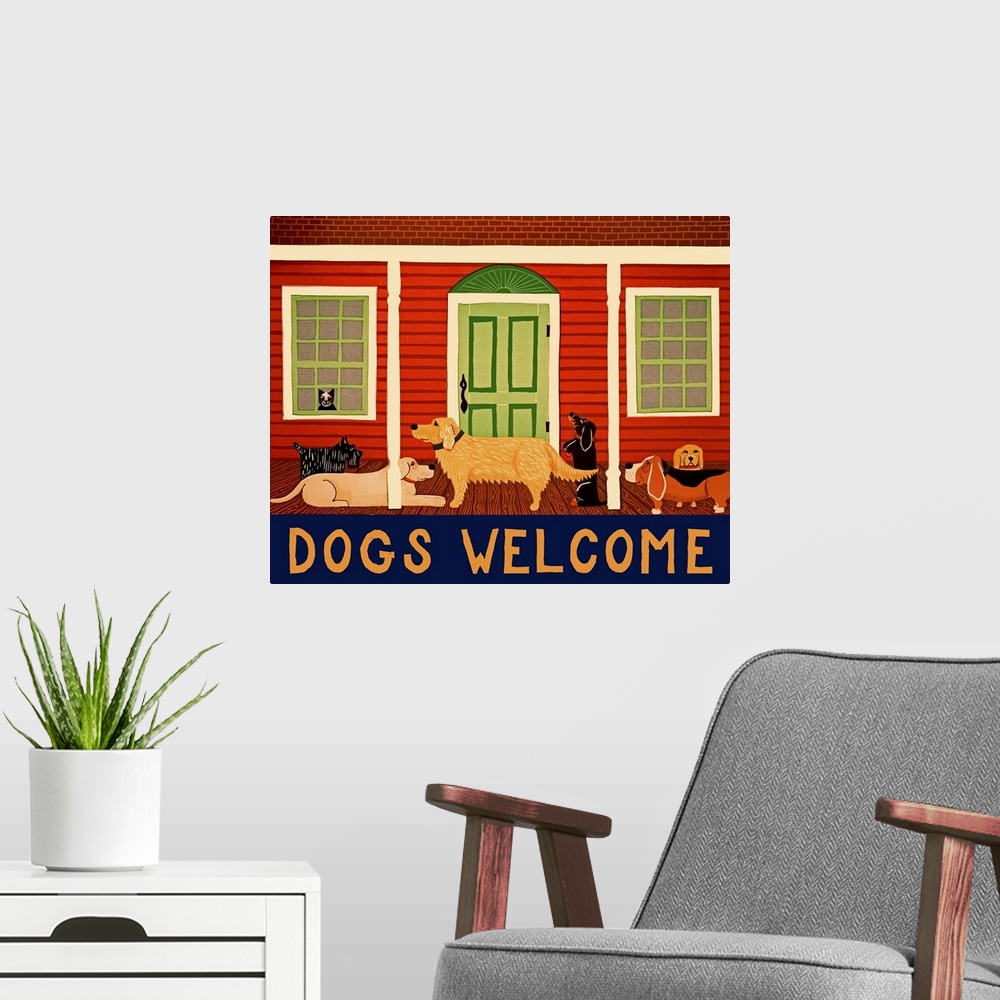 A modern room featuring Illustration of various breeds of dogs hanging out on the front porch of a red house with a cat i...