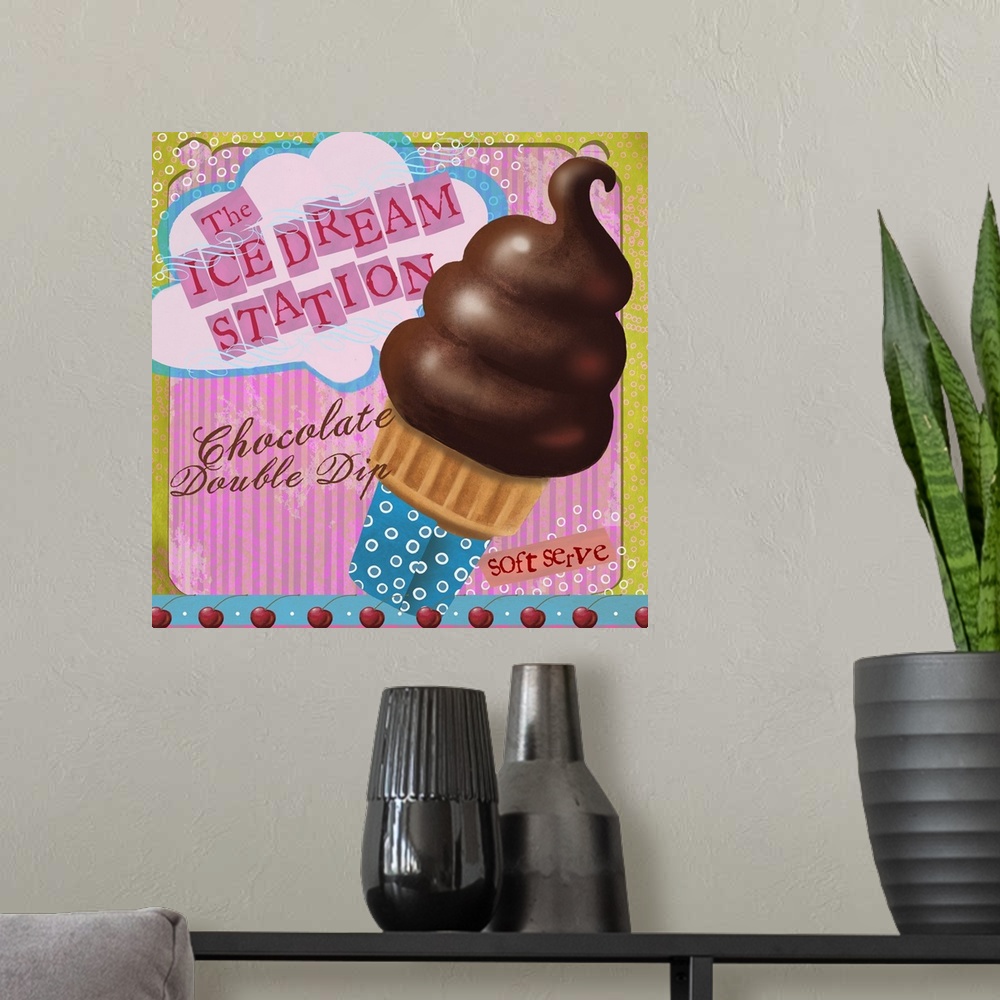 A modern room featuring Ice cream parlor sign with Chocolate double dip cone.