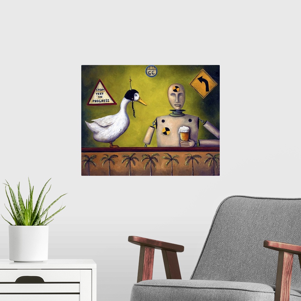 A modern room featuring Surrealist painting of a crash test dummy sitting at a bar drinking.