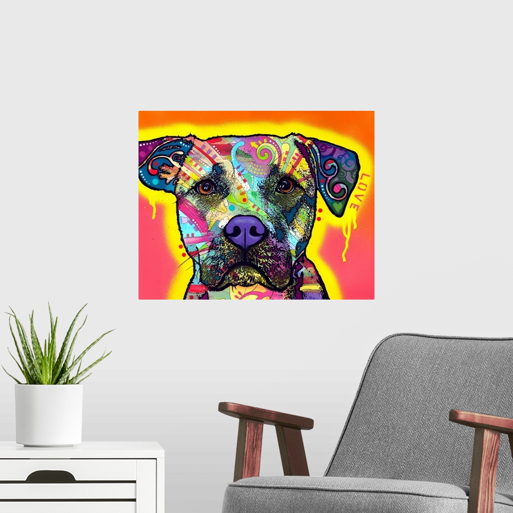 A modern room featuring Vibrant painting of a dog with abstract designs and a yellow outline with paint dripping on an or...