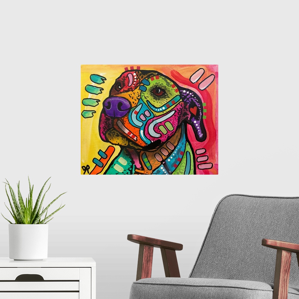 A modern room featuring Contemporary stencil painting of a dog filled with various colors and patterns.